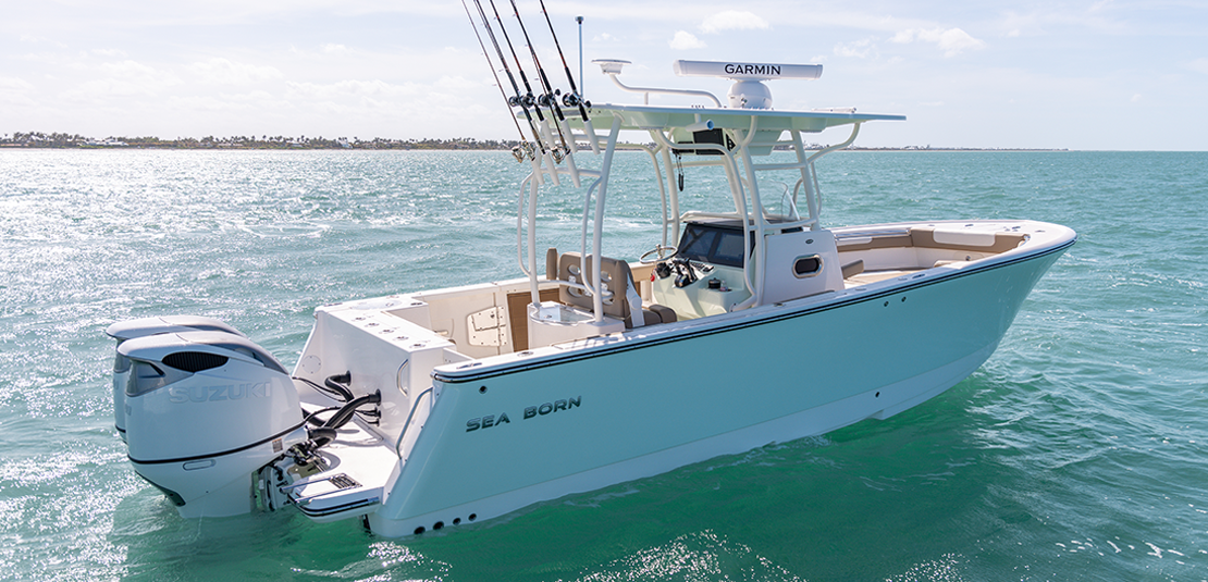 Sea Born SX281 Offshore with Twin White Suzuki Outboards